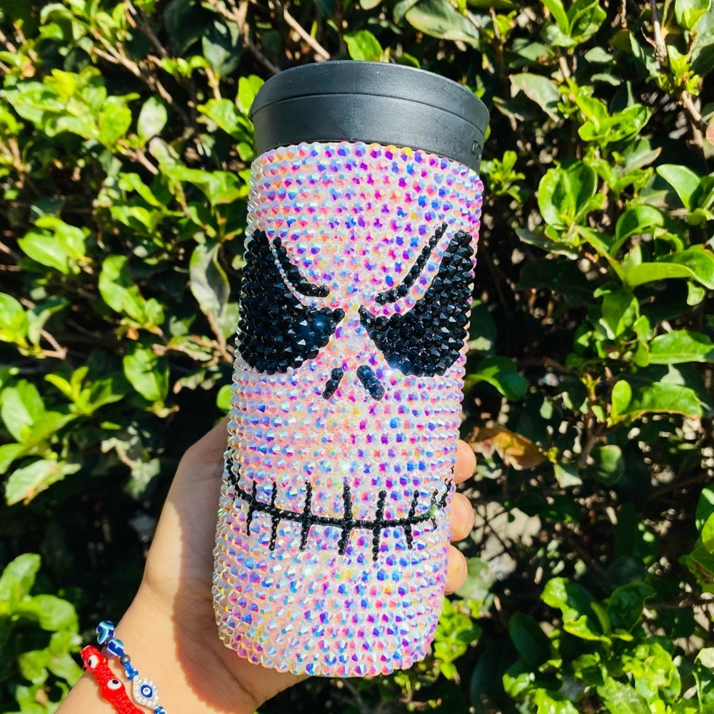Jack Skellington bedazzled tumbler for hot drinks